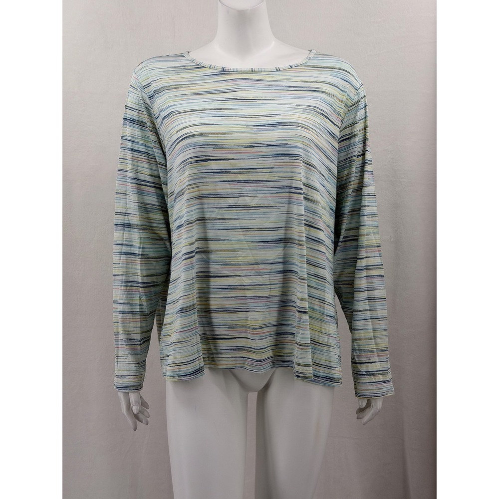 Lands End Top Womens 1X Green Blue Striped Lightweight Stretch Casual Summer